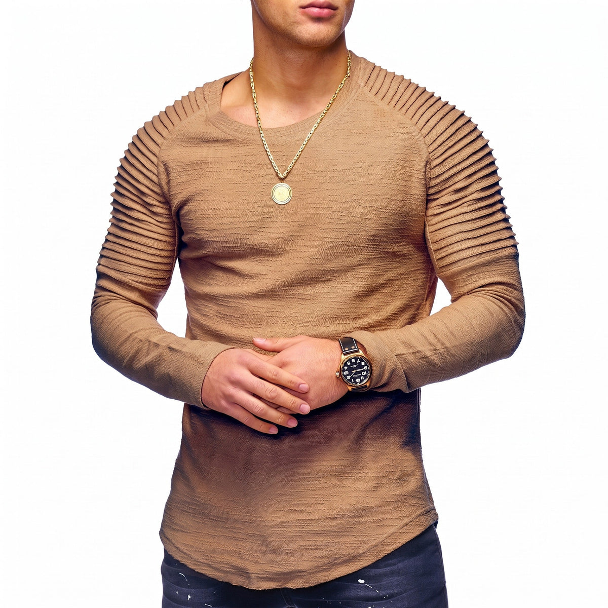 Marcus - Men's Ribbed Raglan Sleeve Long Sleeve T-Shirt with Curved Hem - T-Shirt - Khaki - Sarvento