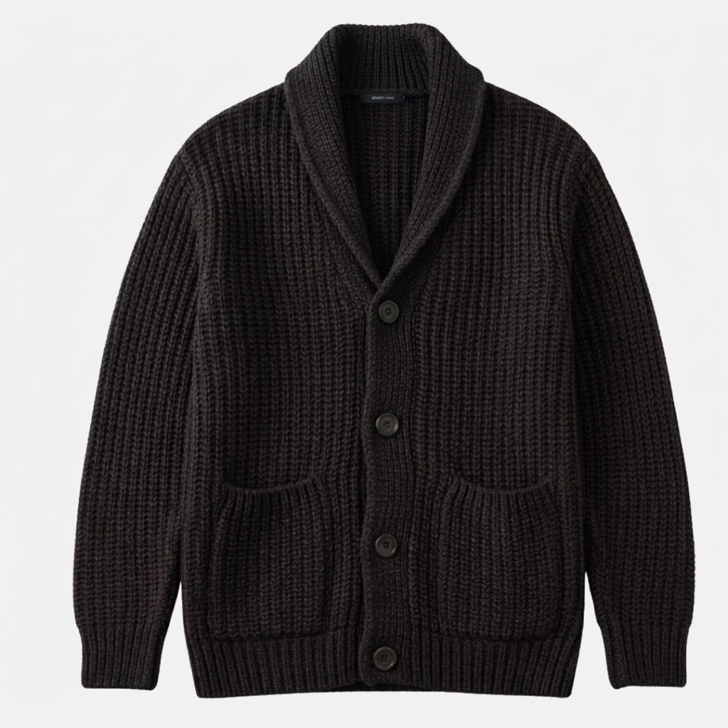 Marcus - Men's Shawl Collar Ribbed Knit Cardigan with Patch Pockets - Cardigans - Black - Sarvento