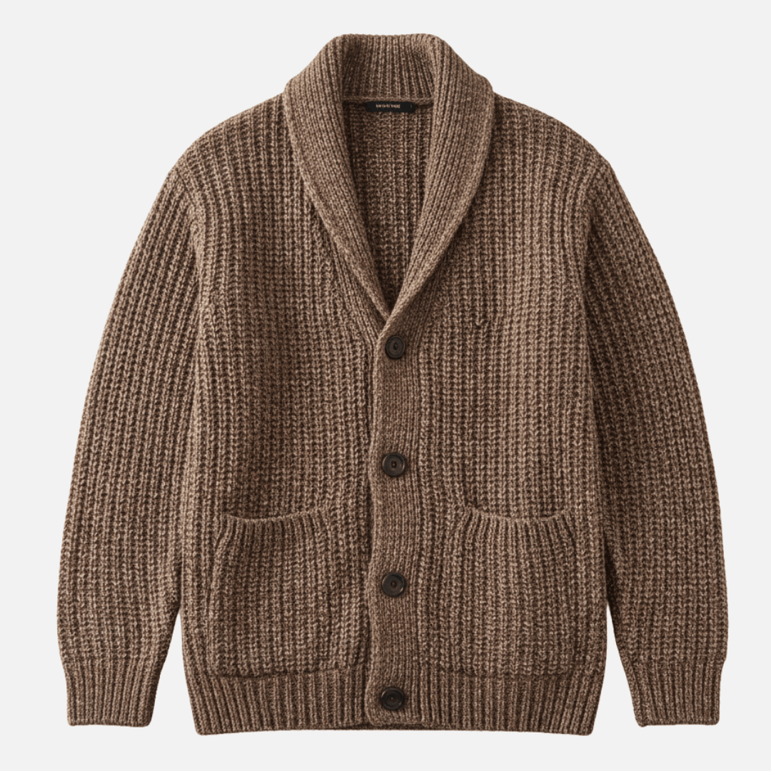 Marcus - Men's Shawl Collar Ribbed Knit Cardigan with Patch Pockets - Cardigans - Beige - Sarvento