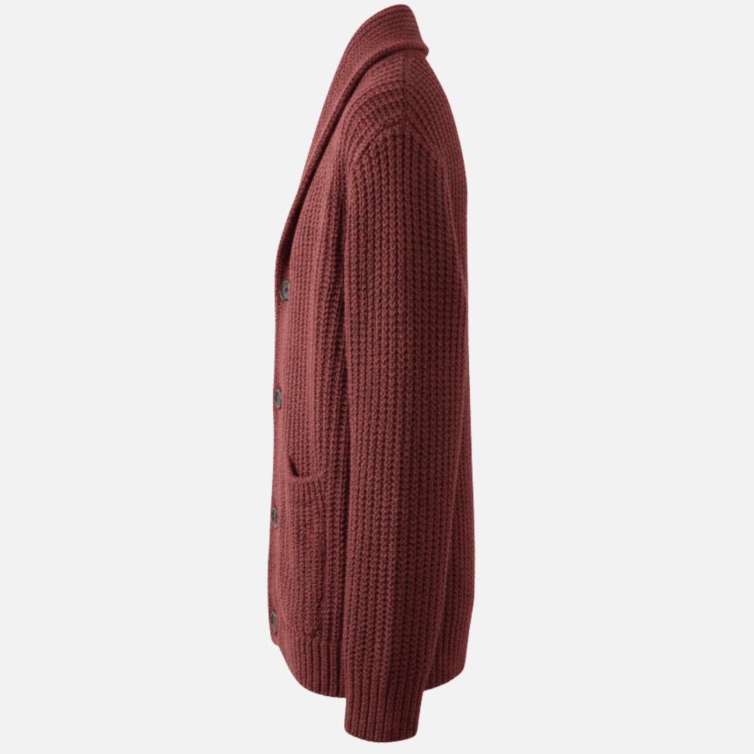 Marcus - Men's Shawl Collar Ribbed Knit Cardigan with Patch Pockets - Cardigans - Red - Sarvento