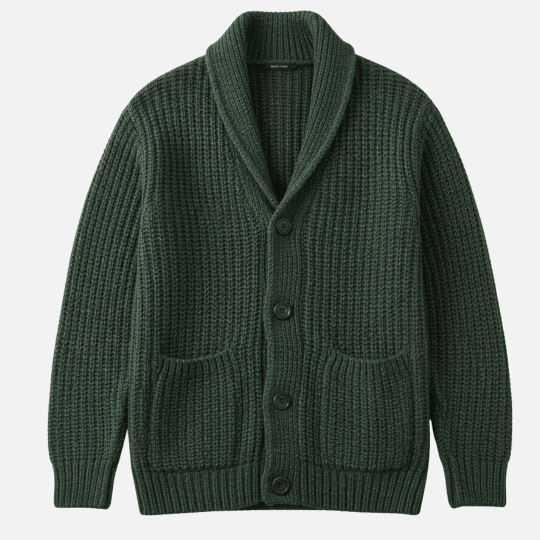 Marcus - Men's Shawl Collar Ribbed Knit Cardigan with Patch Pockets - Cardigans - Green - Sarvento
