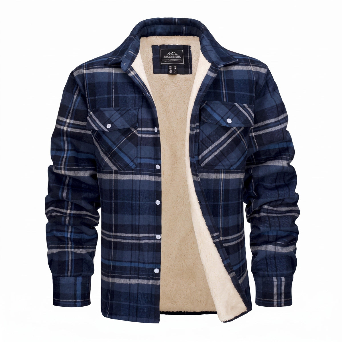 Marcus - Men's Sherpa-Lined Plaid Flannel Shirt Jacket with Chest Pockets - Coats & Jackets - Navy Blue - Parker&Brooks