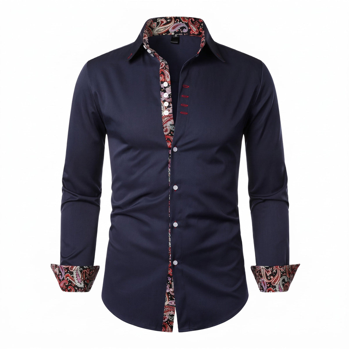 Marcus - Men's Slim Fit Button-Down Shirt with Paisley Trim - Shirts - Navy Blue - Parker&Brooks