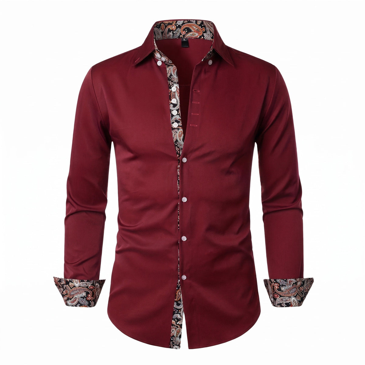 Marcus - Men's Slim Fit Button-Down Shirt with Paisley Trim - Shirts - Burgundy - Parker&Brooks