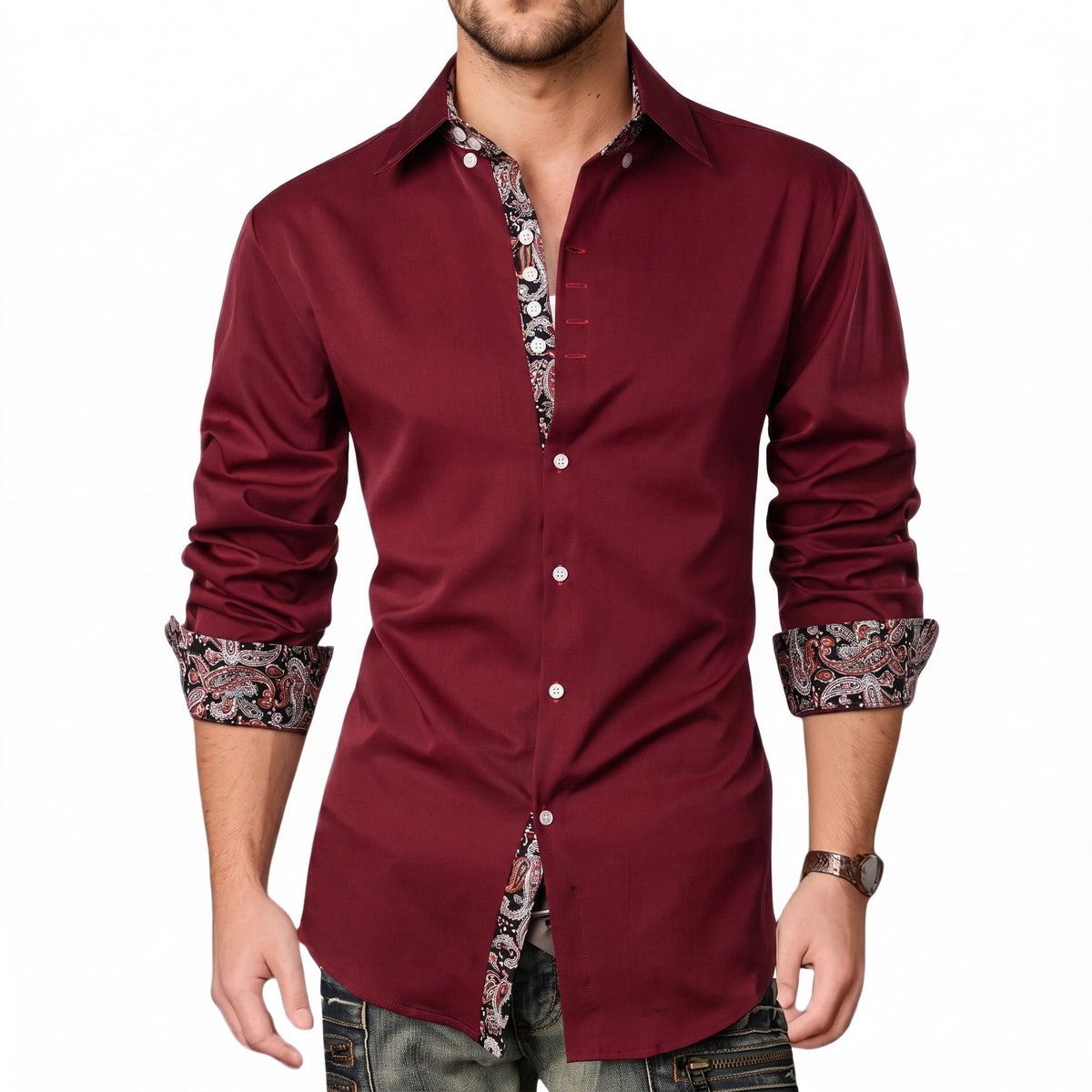Marcus - Men's Slim Fit Button-Down Shirt with Paisley Trim - Shirts - Burgundy - Parker&Brooks