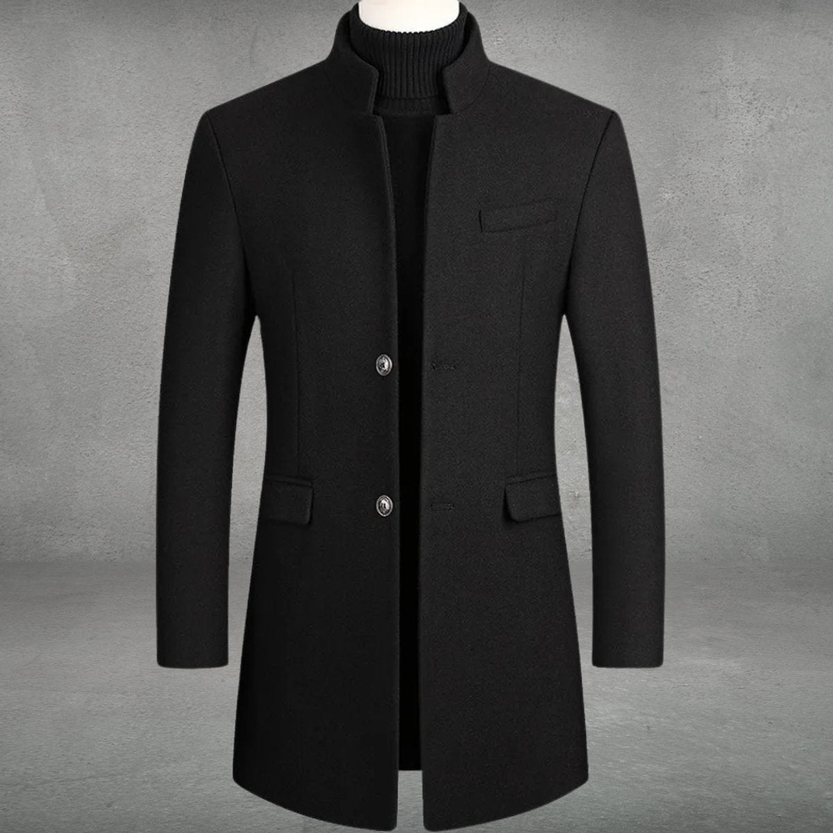 Marcus - Men's Slim Fit Stand Collar Button-Front Longline Coat - Overcoats - Black - Sarvento