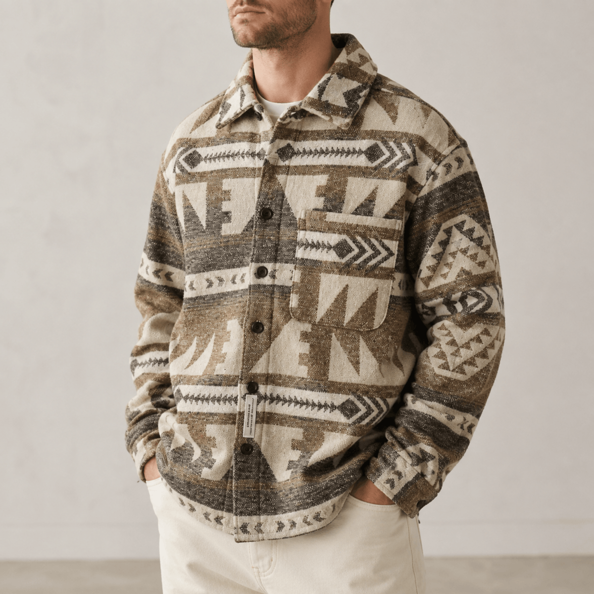 Marcus - Men's Southwestern Print Shirt Jacket with Chest Pocket - Coats & Jackets - Light Brown - Parker&Brooks
