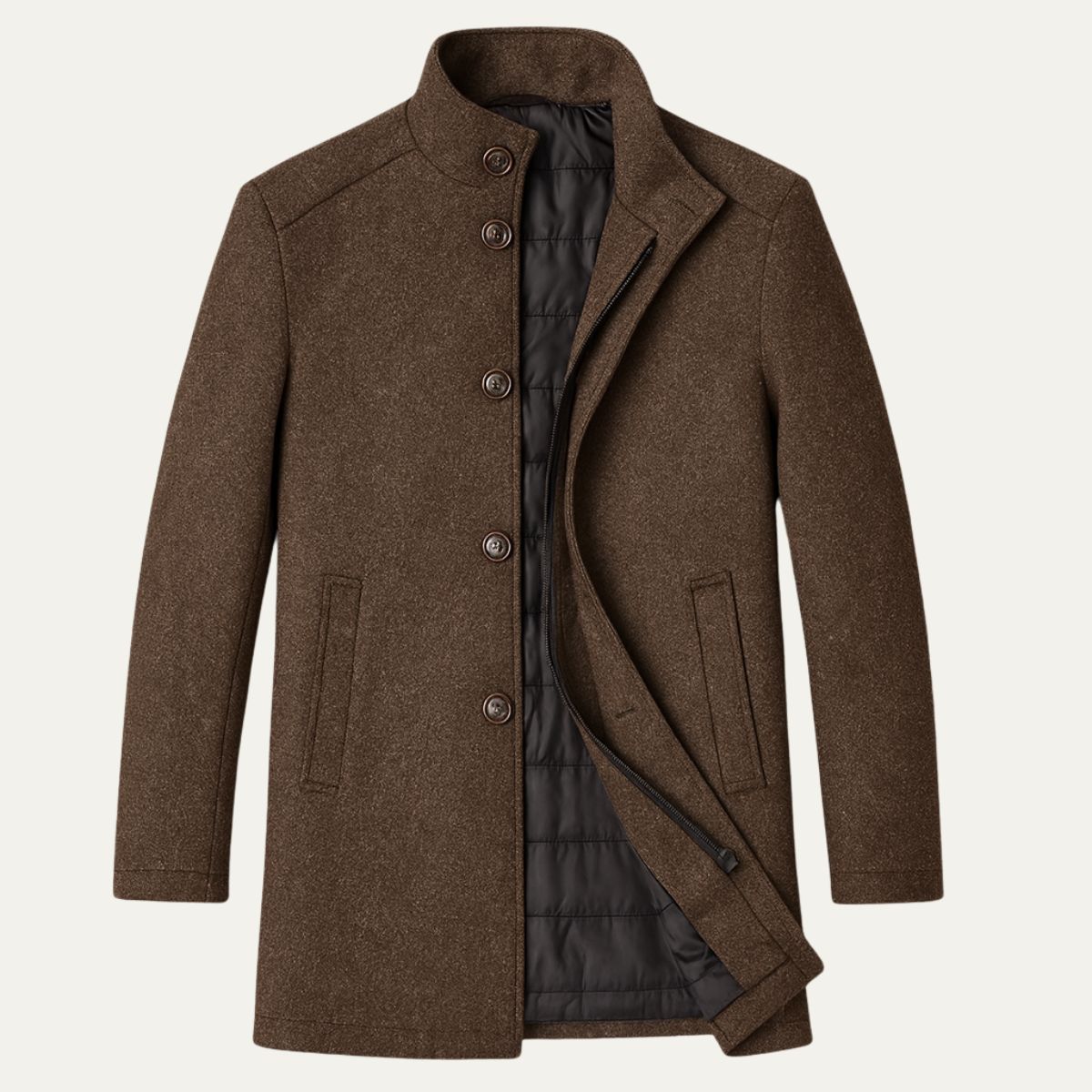Marcus - Men's Stand Collar Zip-Front Longline Wool-Look Overcoat - Overcoats - Brown - Sarvento