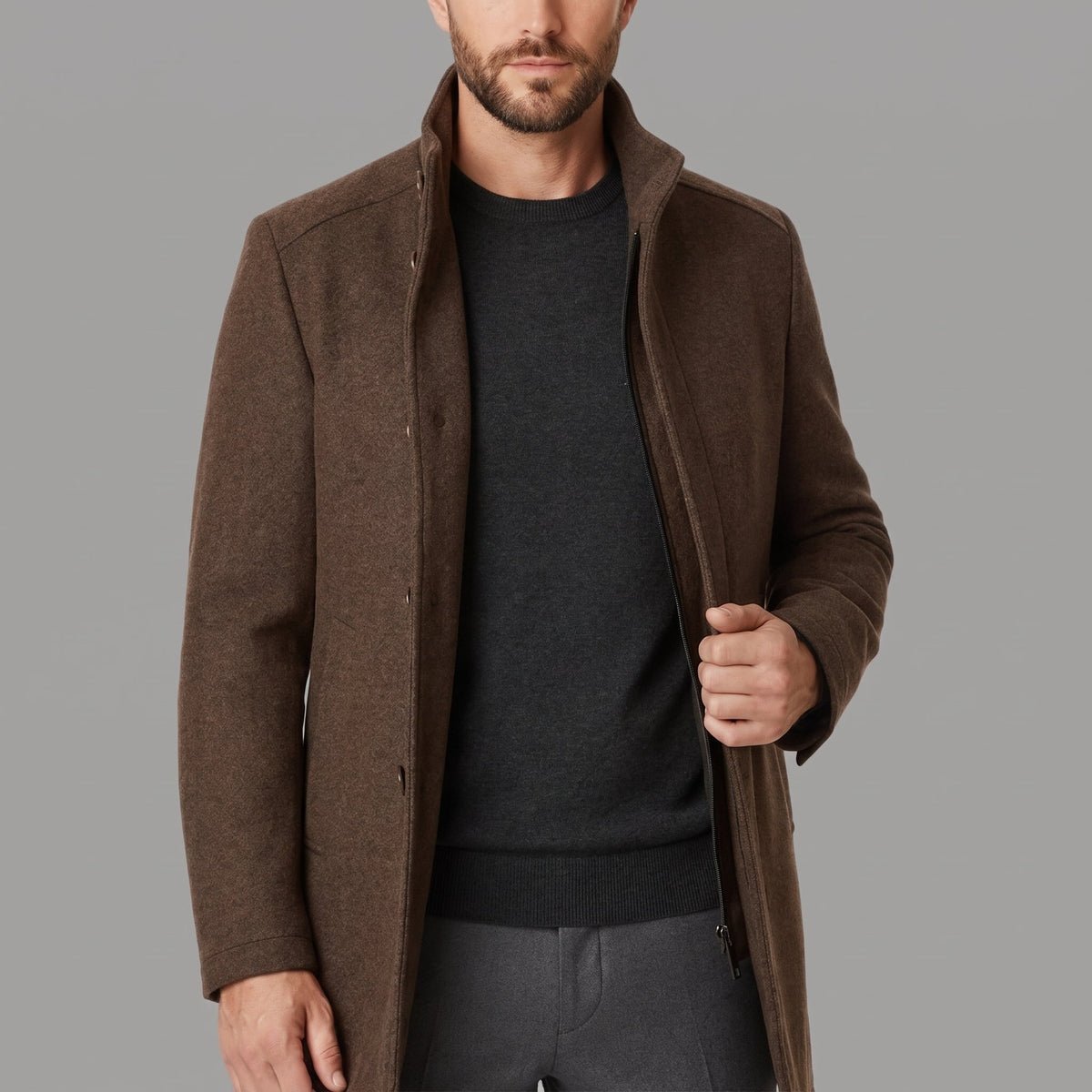 Marcus - Men's Stand Collar Zip-Front Longline Wool-Look Overcoat - Overcoats - Brown - Sarvento