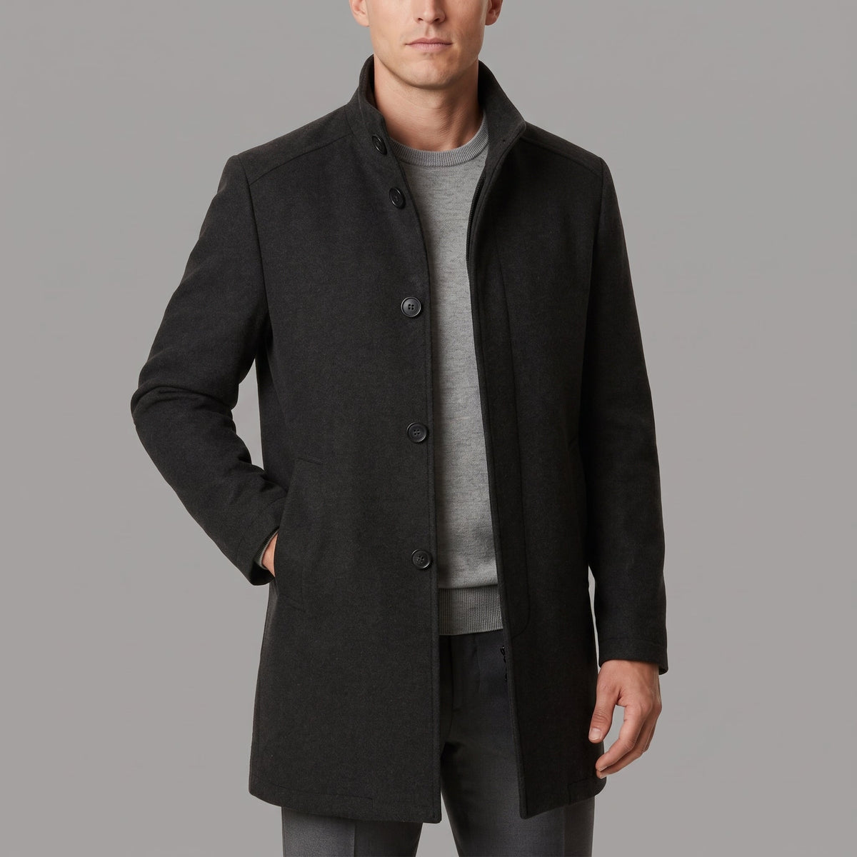 Marcus - Men's Stand Collar Zip-Front Longline Wool-Look Overcoat - Overcoats - Black - Sarvento