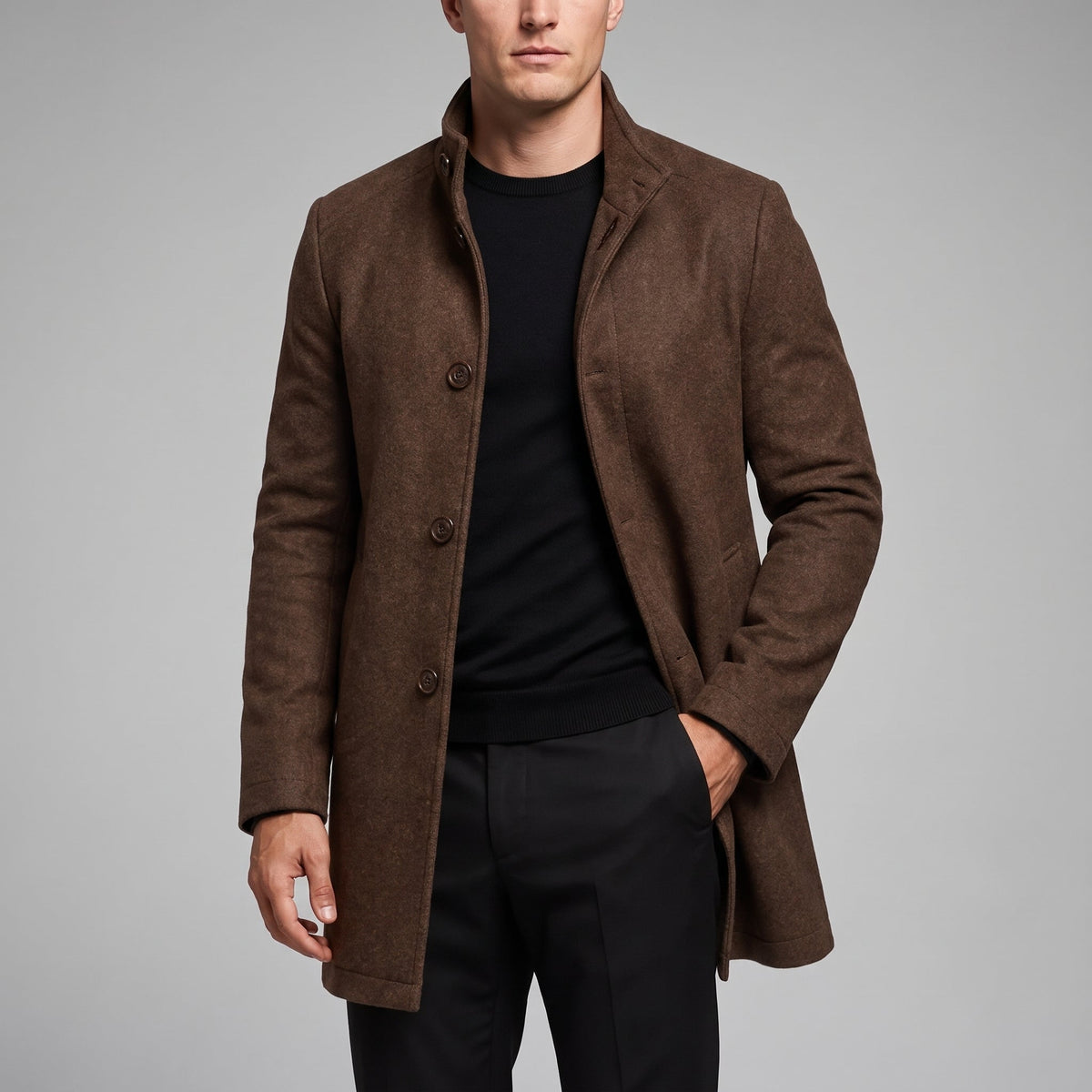 Marcus - Men's Stand Collar Zip-Front Longline Wool-Look Overcoat - Overcoats - Brown - Sarvento