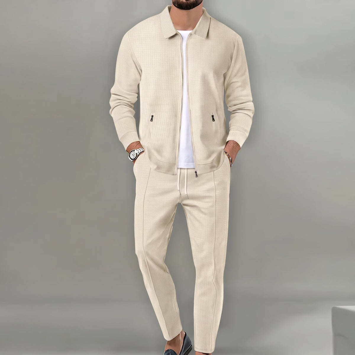 Marcus - Men's Tailored Long Sleeve Trouser Set with Zip Pockets - Outfit Sets - Beige - Parker&Brooks