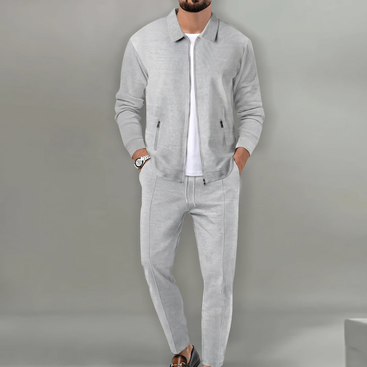 Marcus - Men's Tailored Long Sleeve Trouser Set with Zip Pockets - Outfit Sets - Gray - Parker&Brooks
