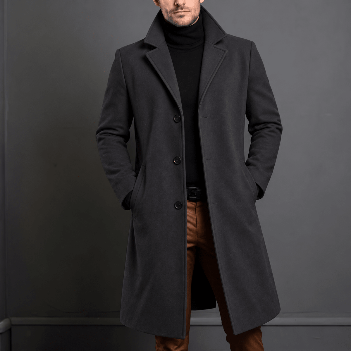 Marcus - Men's Tailored Single-Breasted Notch Lapel Longline Wool Overcoat - Overcoats - Khaki - Sarvento