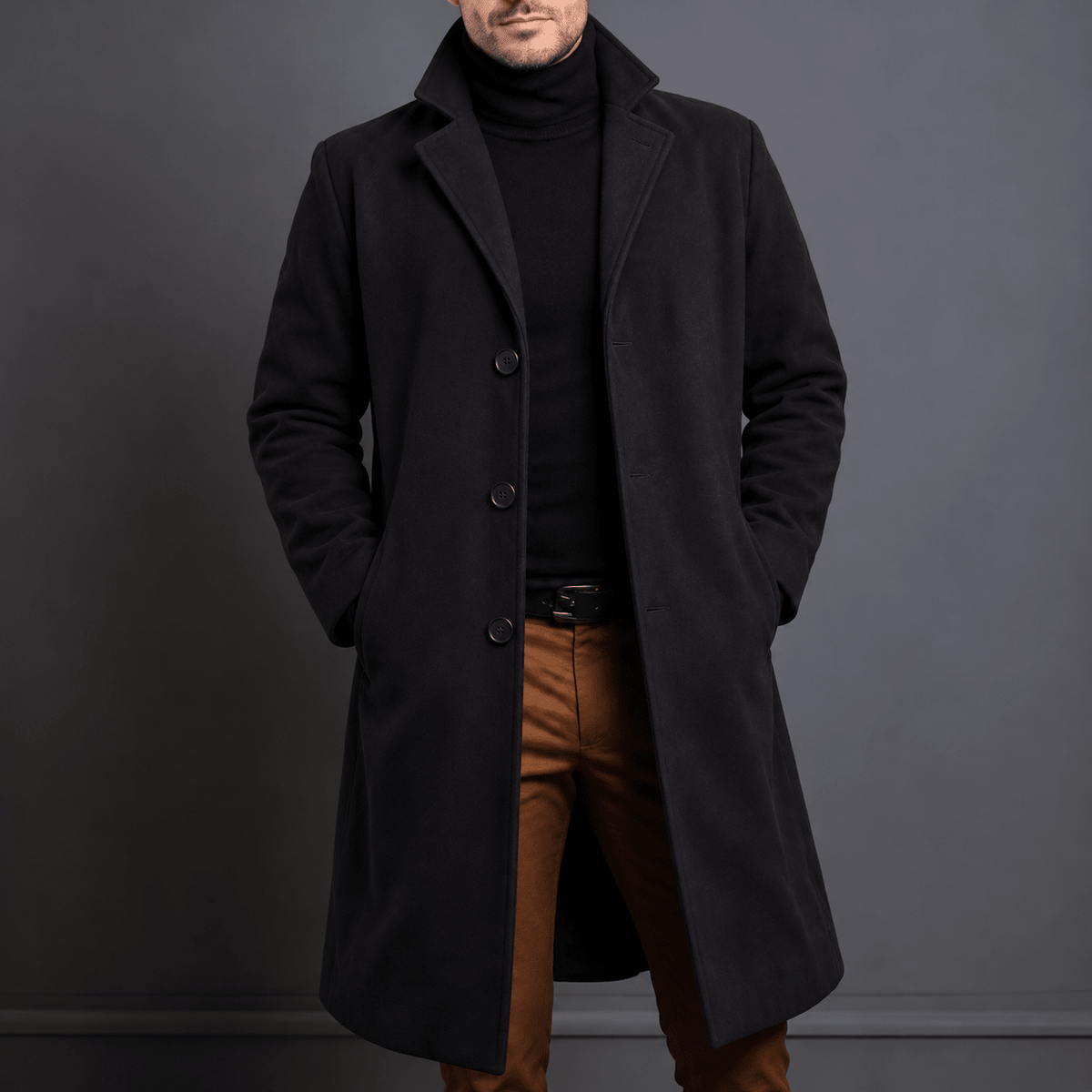 Marcus - Men's Tailored Single-Breasted Notch Lapel Longline Wool Overcoat - Overcoats - Khaki - Sarvento