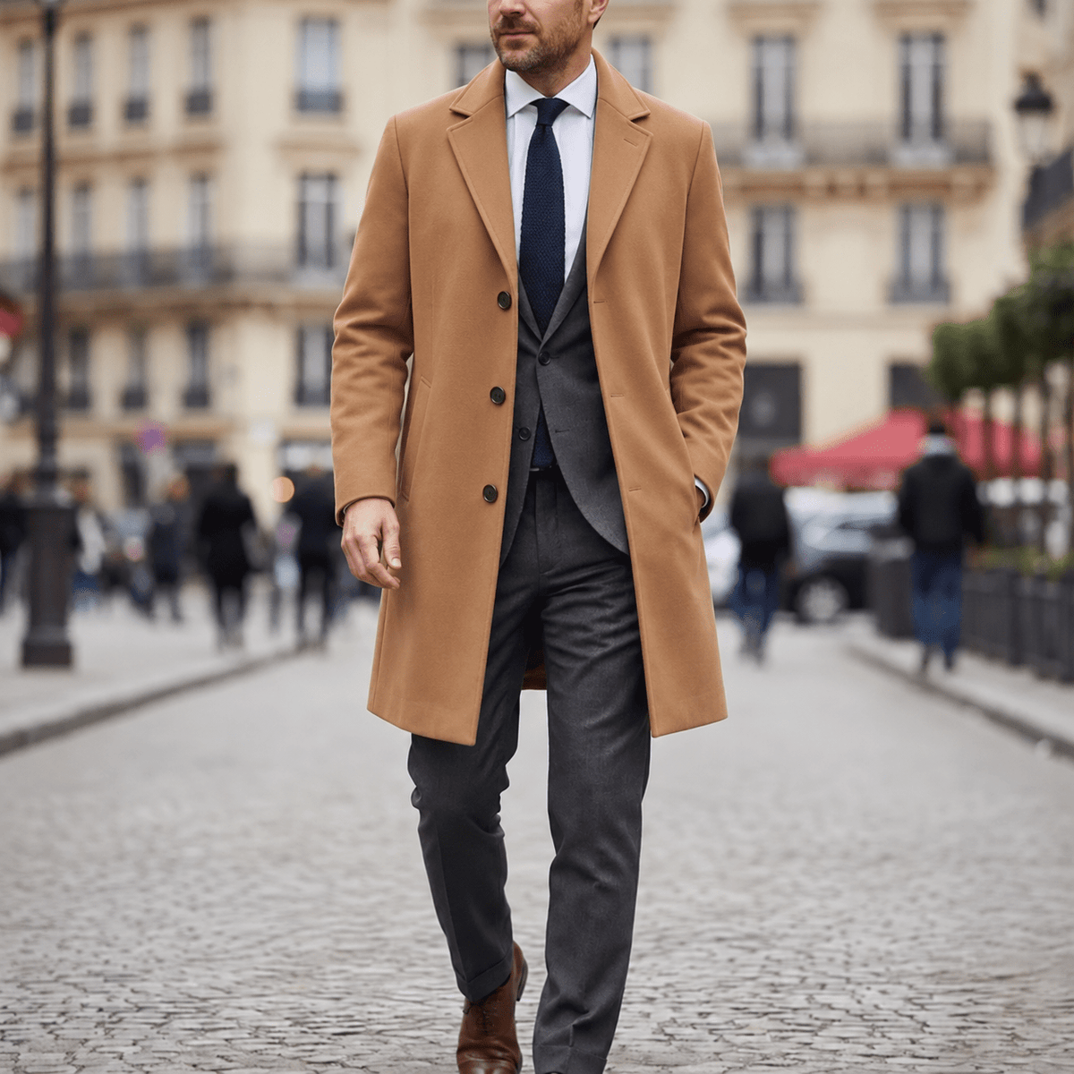 Marcus - Men's Tailored Single-Breasted Notch Lapel Longline Wool Overcoat - Overcoats - Khaki - Sarvento