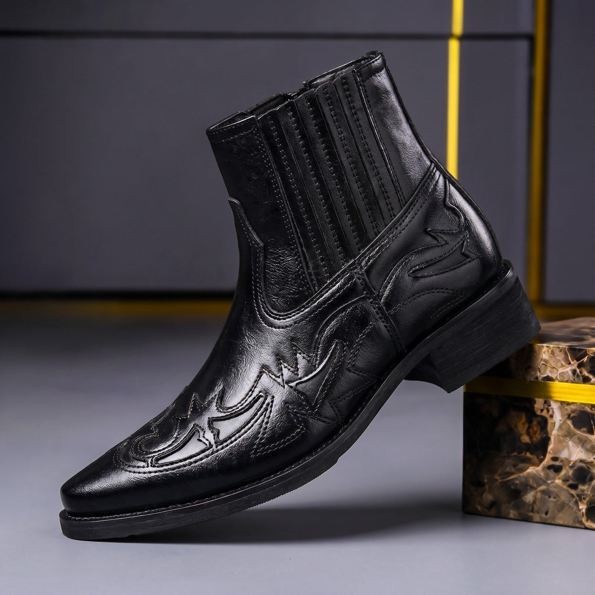 Marcus - Men's Western Ankle Boots with Stitched Detailing - Boots - Black - Parker&Brooks