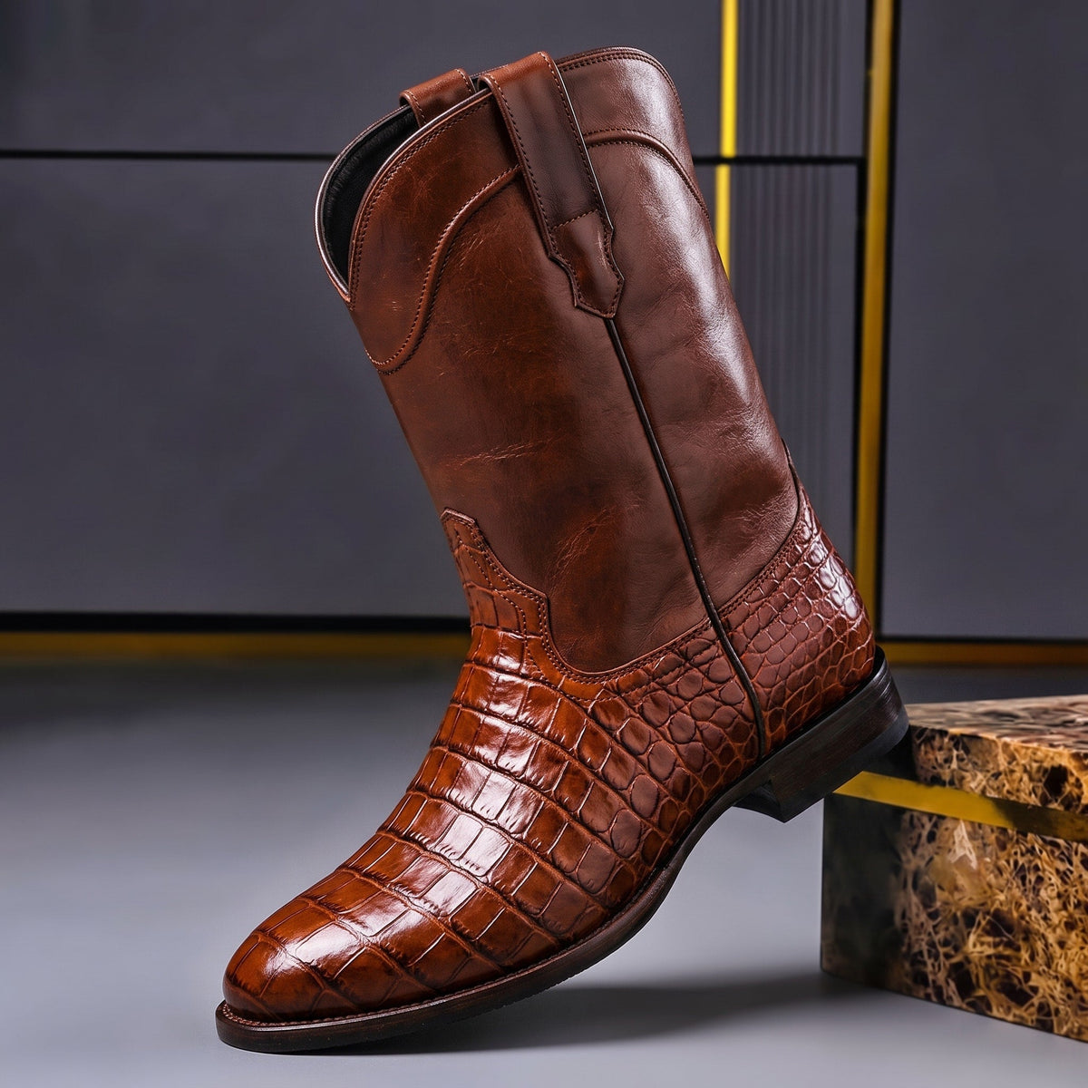 Marcus - Men's Western Cowboy Boots with Croc-Print Toe - Boots - Brown - Sarvento