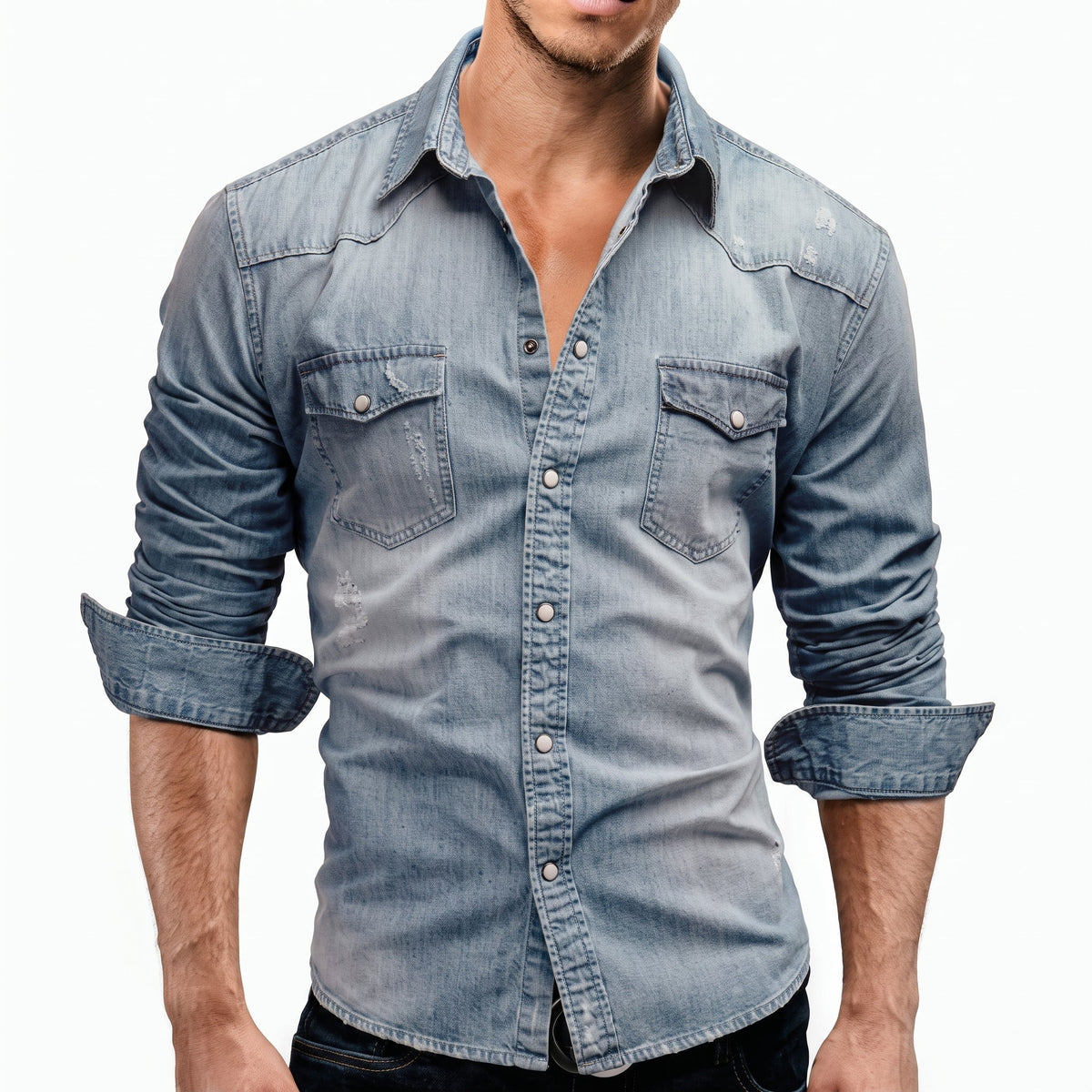 Marcus - Men's Western Long Sleeve Shirt with Snap Buttons - Shirts - Dark Blue - Parker&Brooks