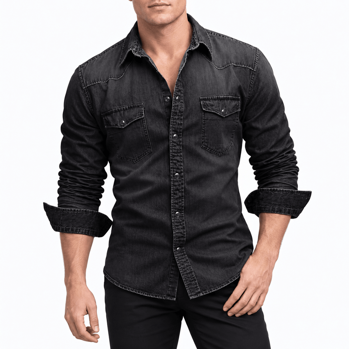 Marcus - Men's Western Long Sleeve Shirt with Snap Buttons - Shirts - Black - Sarvento