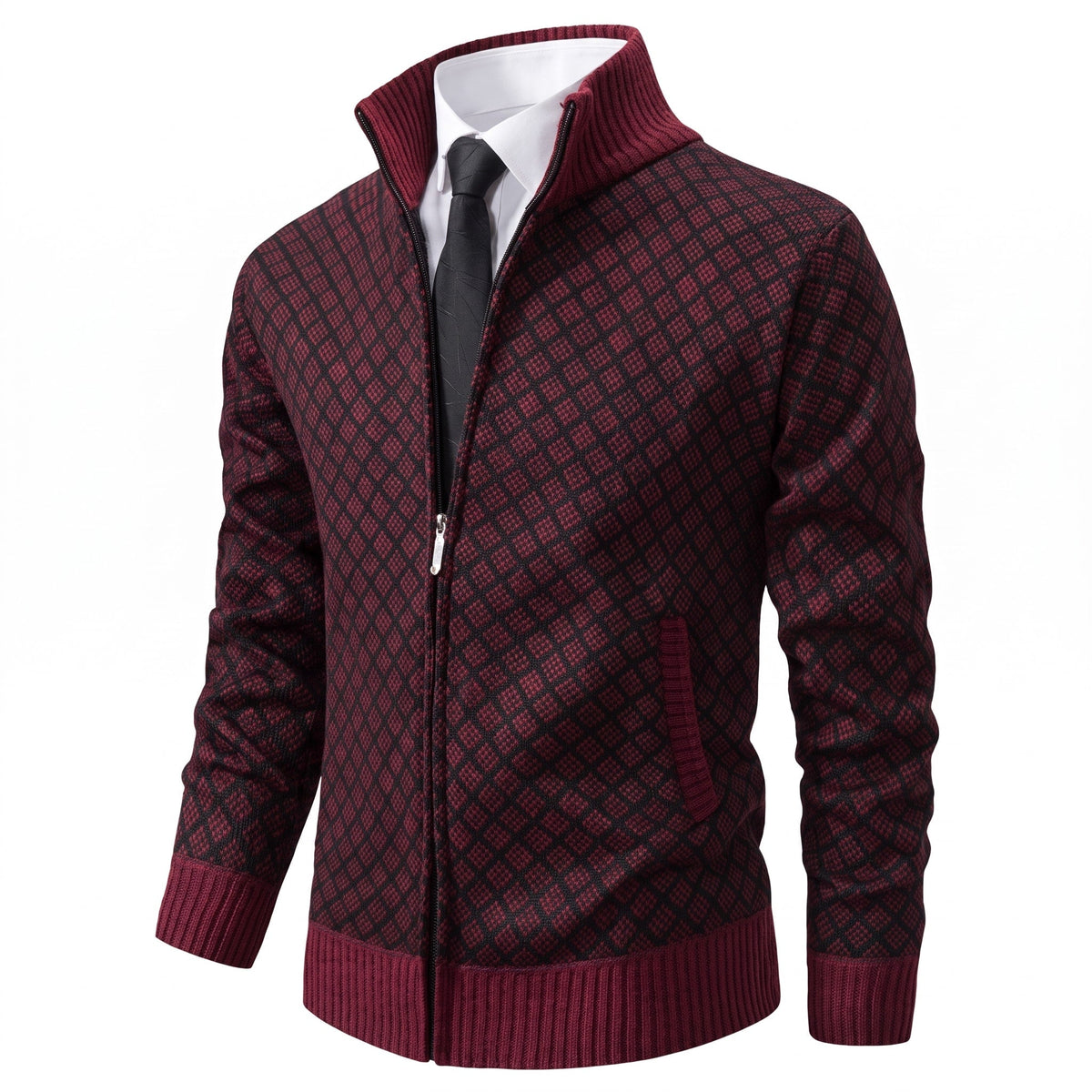 Marcus - Men's Zip-Up Diamond Knit Pattern and Stand Collar - Coats & Jackets - Burgundy - Parker&Brooks