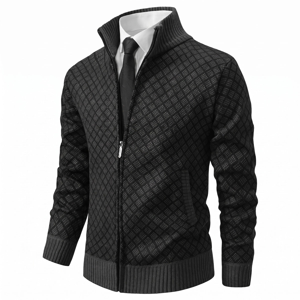 Marcus - Men's Zip-Up Diamond Knit Pattern and Stand Collar - Coats & Jackets - Black - Parker&Brooks