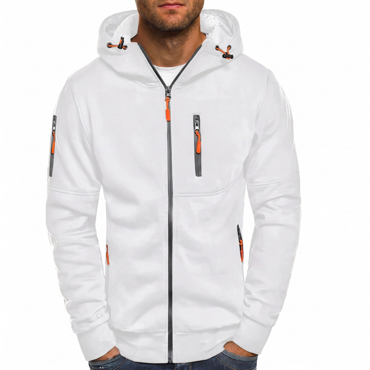 Marcus - Men's Zip-Up Hooded Sweatshirt with Contrast Zippers - Hoodies - White - Sarvento