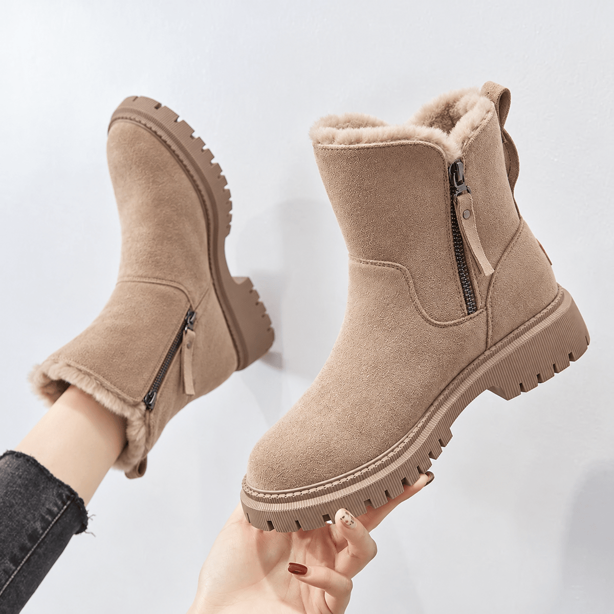 Margaret – Women’s Faux Fur Lined Zip-Up Ankle Boots - Boots - Beige - Sarvento