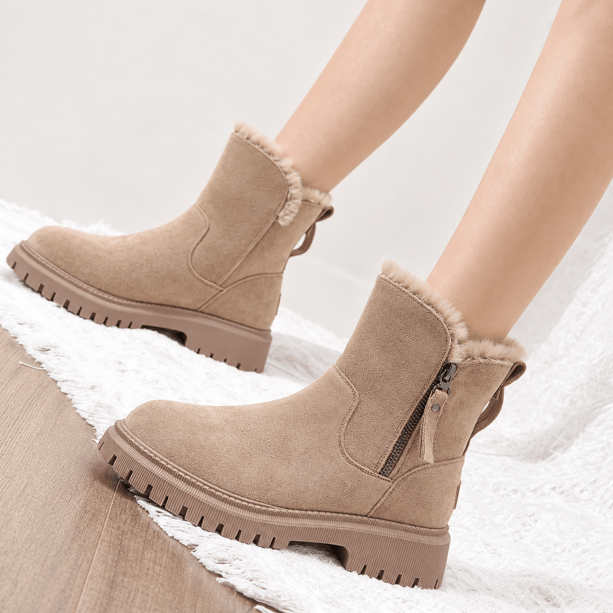 Margaret – Women’s Faux Fur Lined Zip-Up Ankle Boots - Boots - Beige - Sarvento