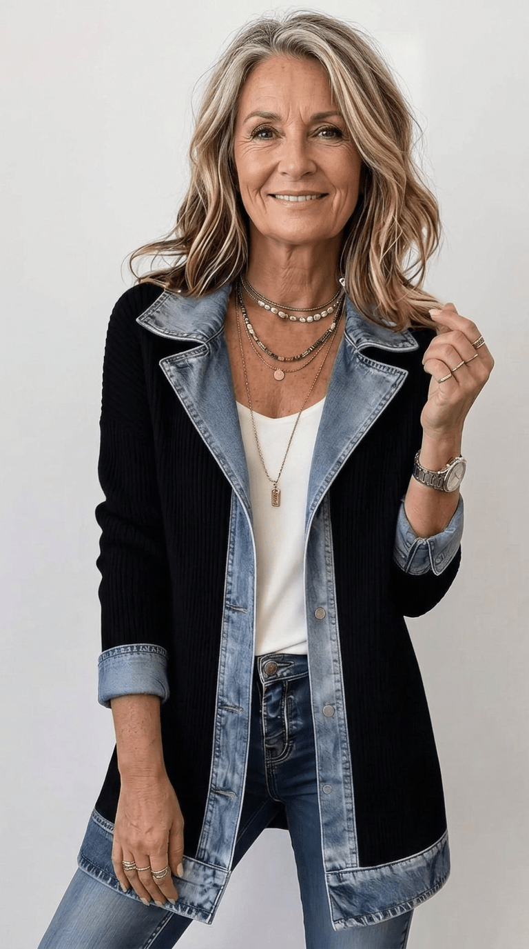 Margaret - Women's Longline Denim-Trim Jacket with Notch Collar - Coats & Jackets - Brown - Parker&Brooks