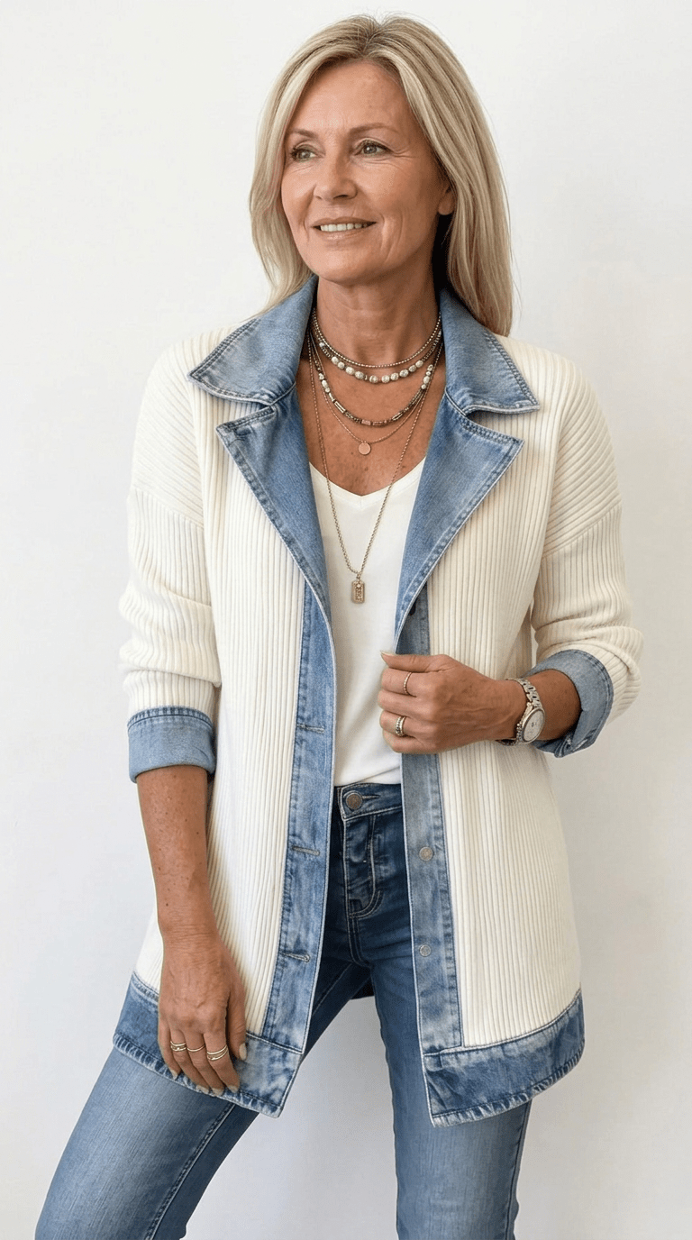 Margaret - Women's Longline Denim-Trim Jacket with Notch Collar - Coats & Jackets - Brown - Parker&Brooks