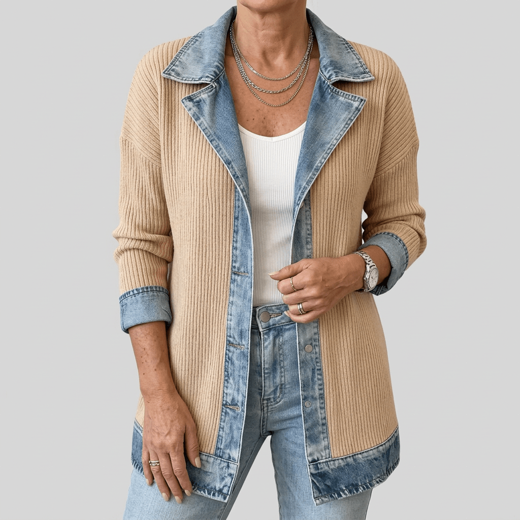 Margaret - Women's Longline Denim-Trim Jacket with Notch Collar - Coats & Jackets - Brown - Parker&Brooks