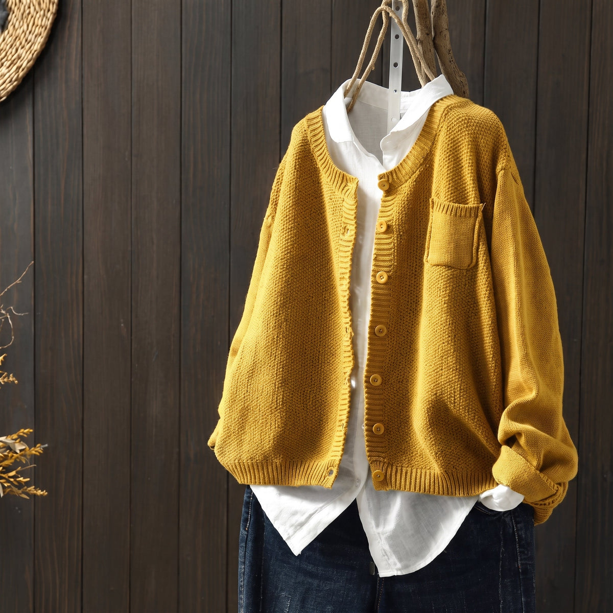 Margaret - Women's Oversized Button-Front Cardigan with Chest Pocket - Cardigans - Yellow - Parker&Brooks
