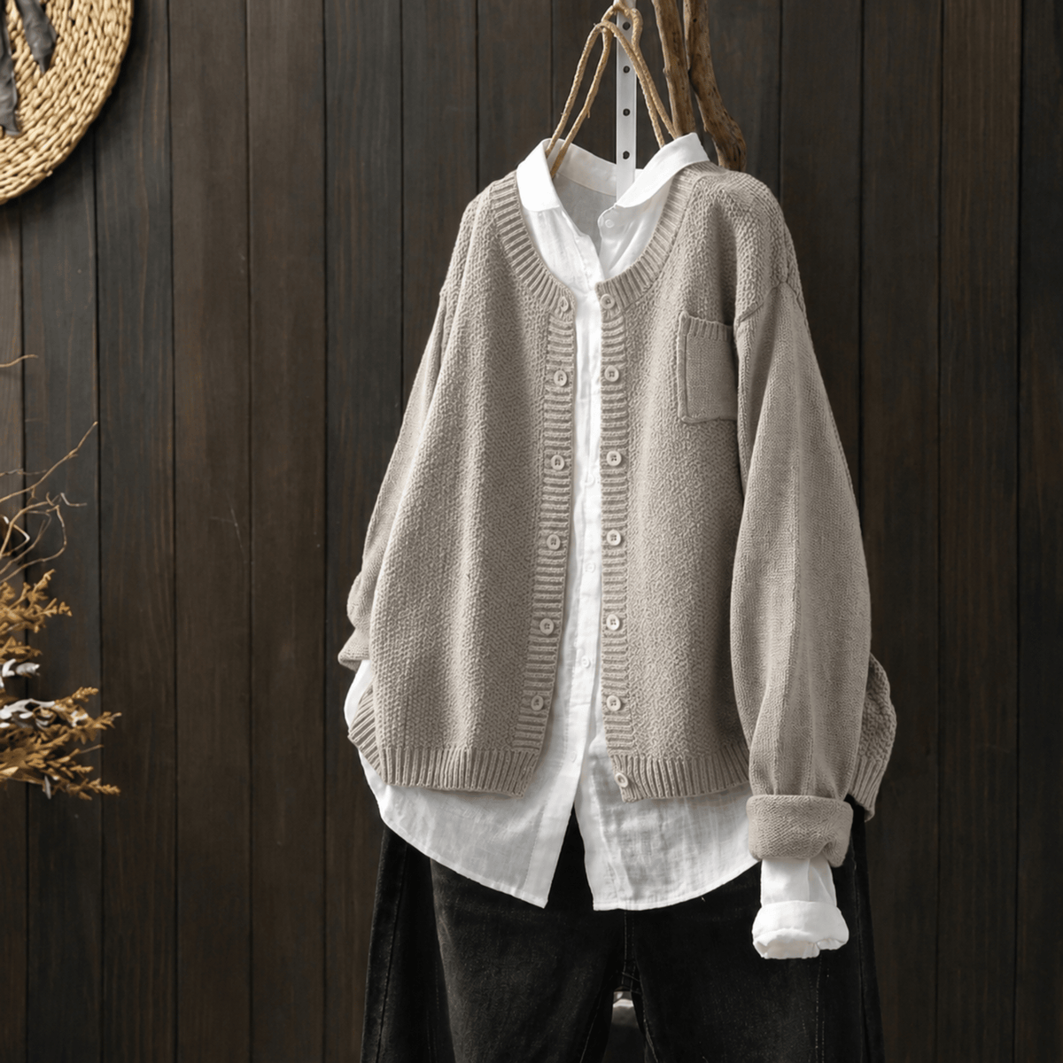 Margaret - Women's Oversized Button-Front Cardigan with Chest Pocket - Cardigans - Beige - Parker&Brooks