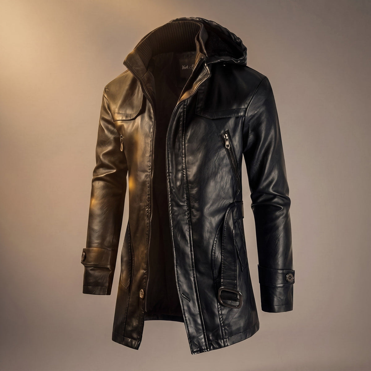 Marvin - Men's Hooded Longline Jacket with Belted Waist - Coats & Jackets - Black - Parker&Brooks