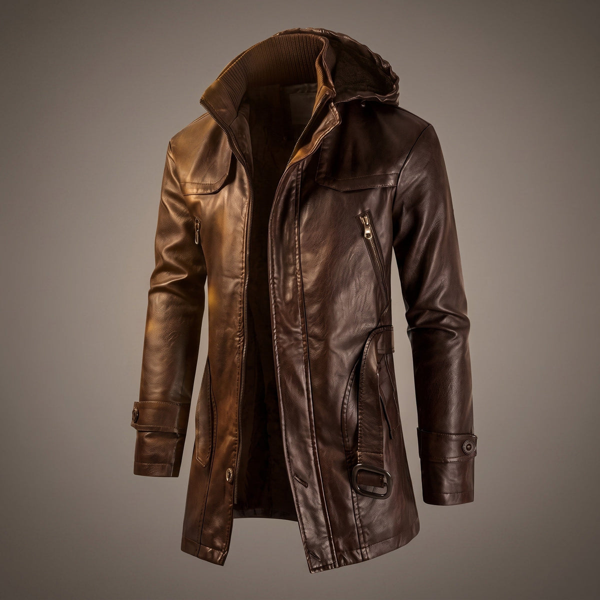 Marvin - Men's Hooded Longline Jacket with Belted Waist - Coats & Jackets - Dark Brown - Parker&Brooks