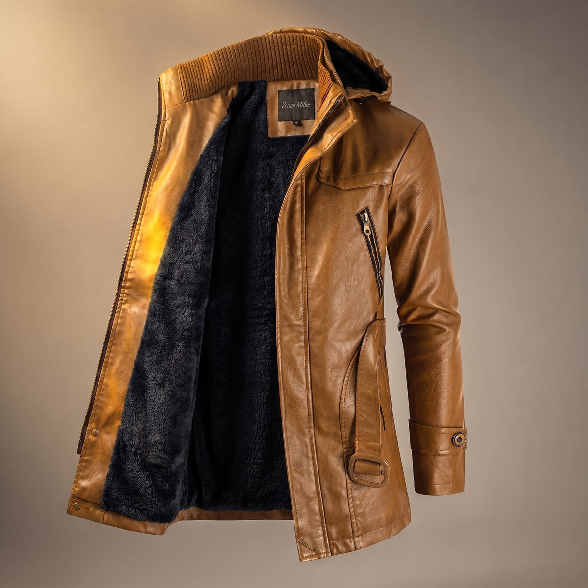 Marvin - Men's Hooded Longline Jacket with Belted Waist - Coats & Jackets - Brown - Parker&Brooks