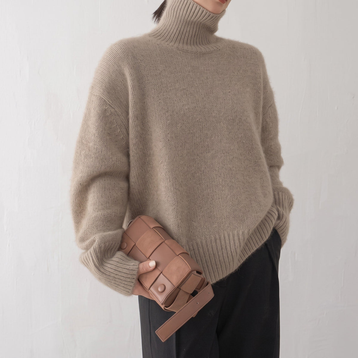 Matilda - Women's Turtleneck Oversized Ribbed Knit Sweater - Sweaters - Khaki - Sarvento