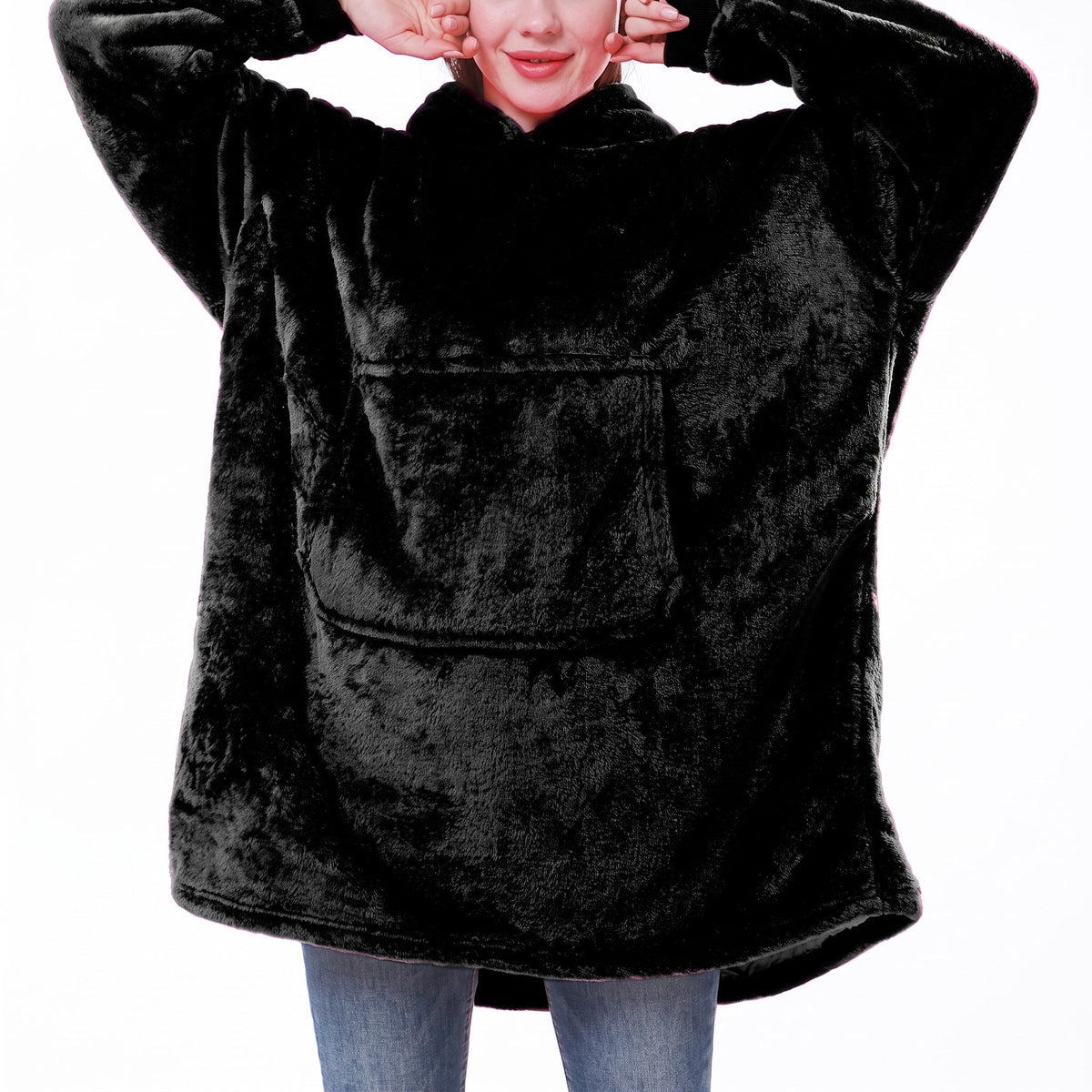 Megan - Women's Oversized Hooded Blanket Sweatshirt with Front Pocket - Blanket & Sleep Sacks - Black - Sarvento