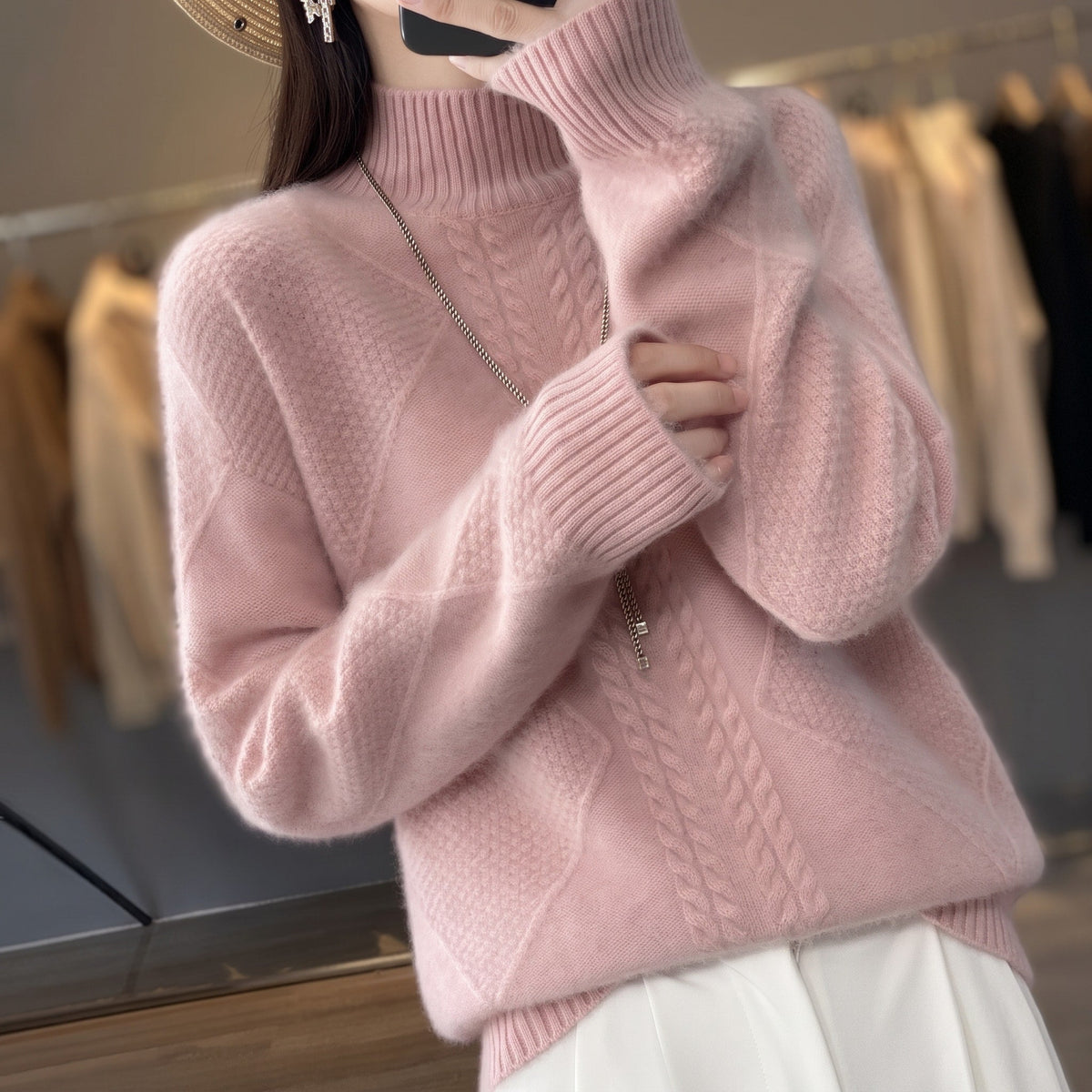 Mia - Women's Cable-Knit Turtleneck Sweater with Ribbed Mock Neck - Sweaters - Light Brown - Sarvento