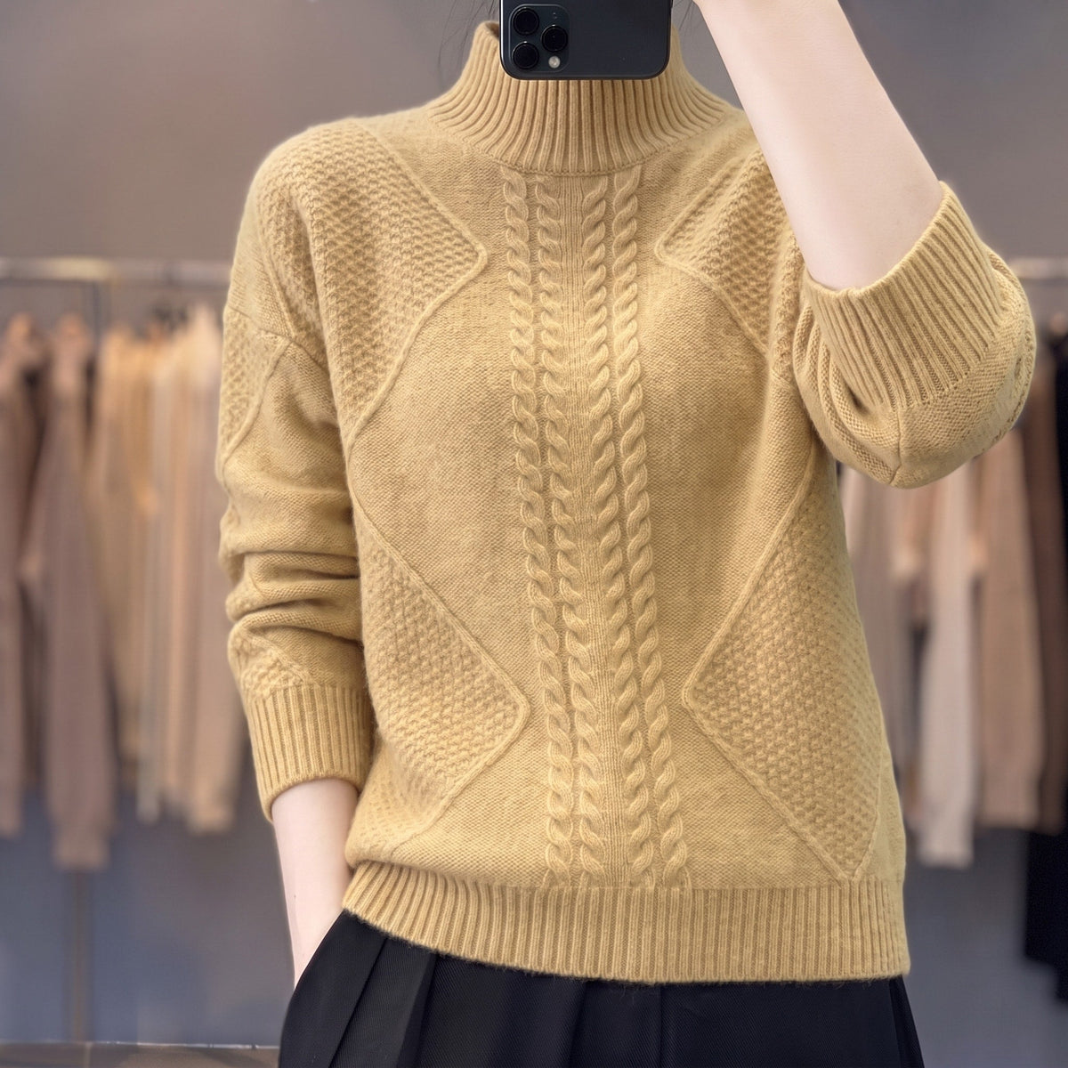 Mia - Women's Cable-Knit Turtleneck Sweater with Ribbed Mock Neck - Sweaters - Beige - Sarvento