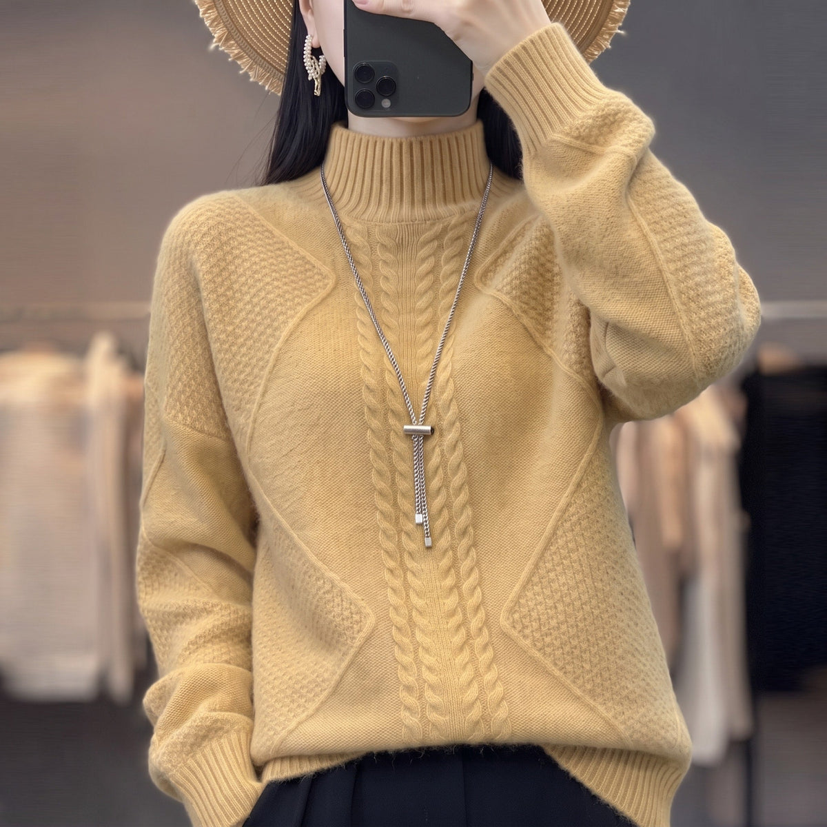 Mia - Women's Cable-Knit Turtleneck Sweater with Ribbed Mock Neck - Sweaters - Cream - Sarvento