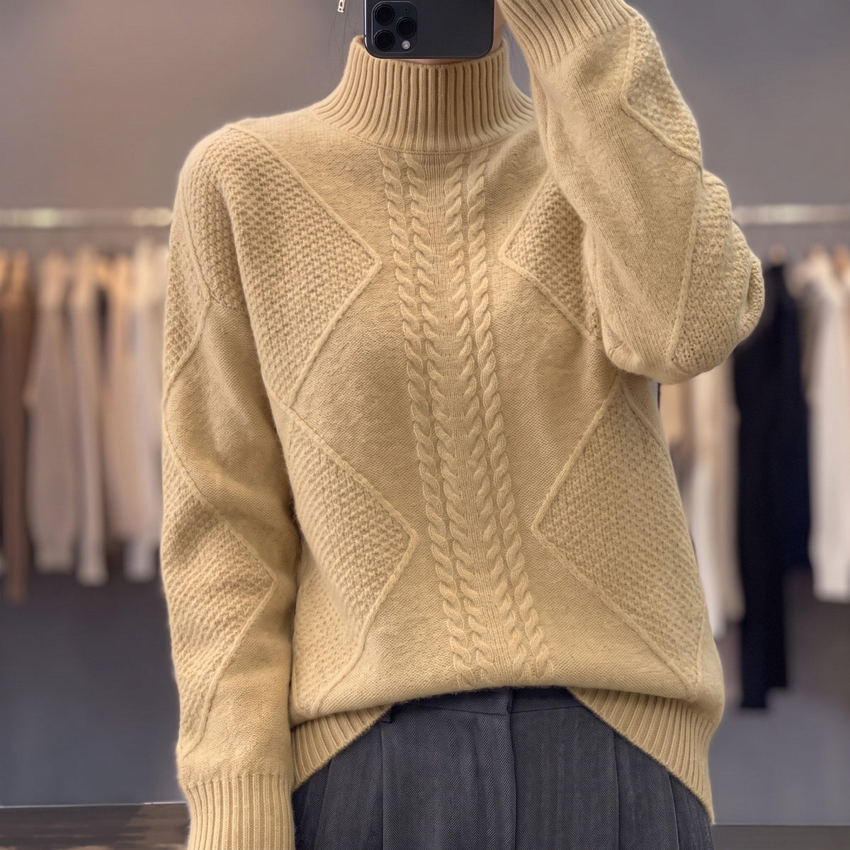 Mia - Women's Cable-Knit Turtleneck Sweater with Ribbed Mock Neck - Sweaters - Pink - Sarvento