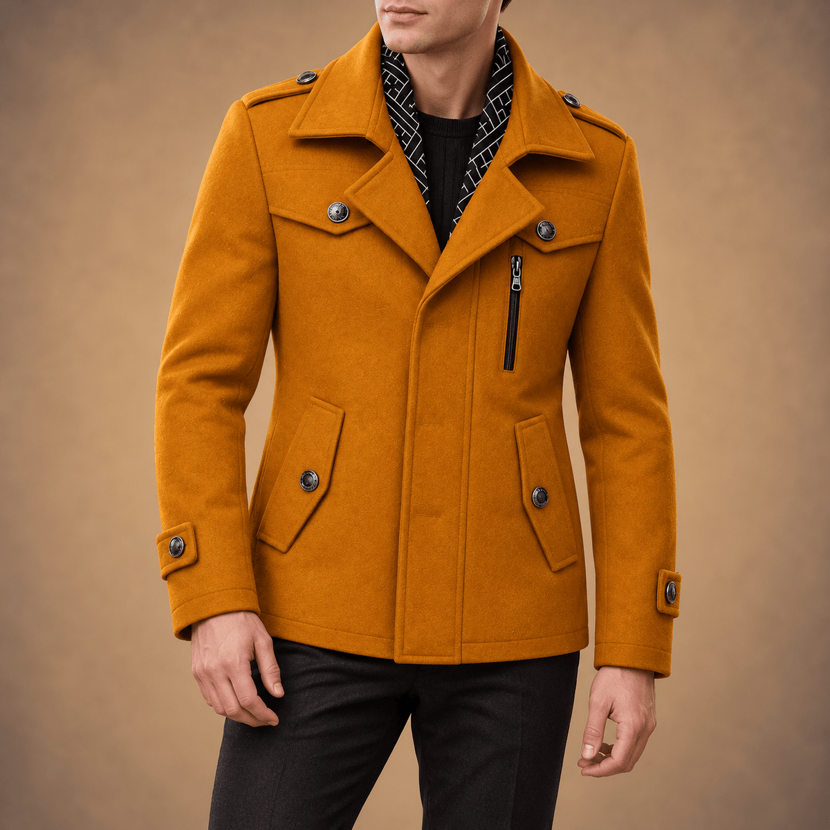 Miller - Men's Tailored Longline Overcoat with Multiple Pockets - Overcoats - Yellow Brown - Sarvento