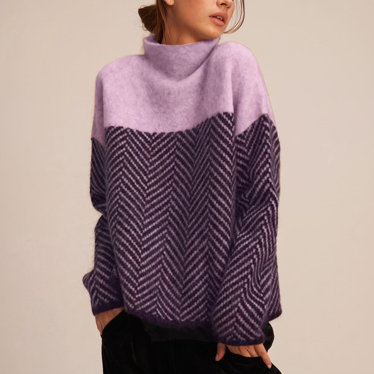 Molly - Women's Chevron Turtleneck Sweater with Colorblock Funnel - Sweaters - Purple - Parker&Brooks