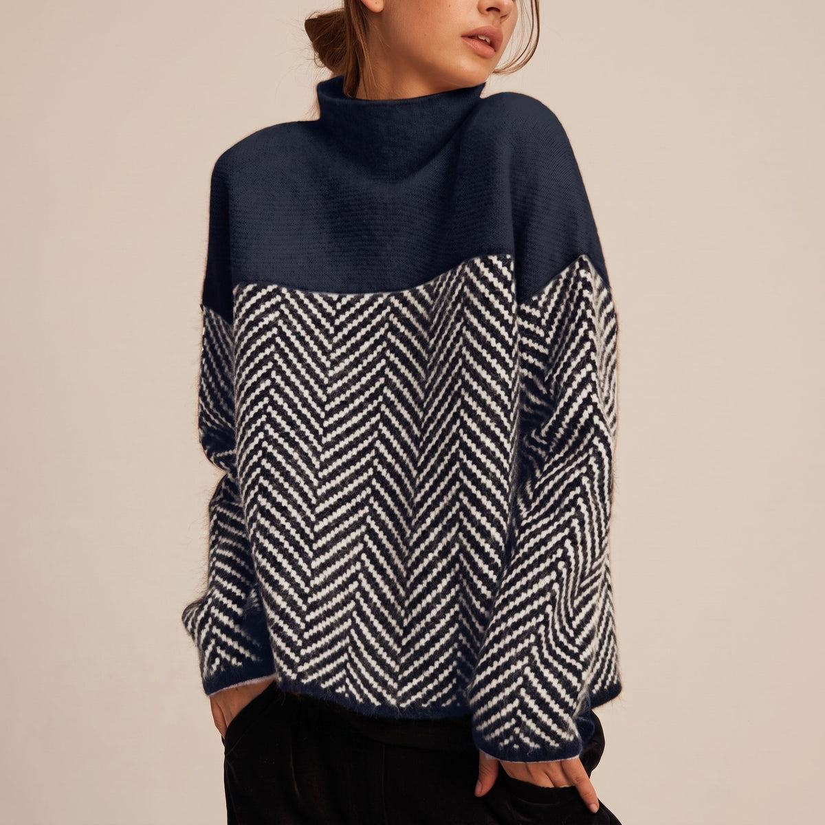 Molly - Women's Chevron Turtleneck Sweater with Colorblock Funnel - Sweaters - Navy Blue - Parker&Brooks