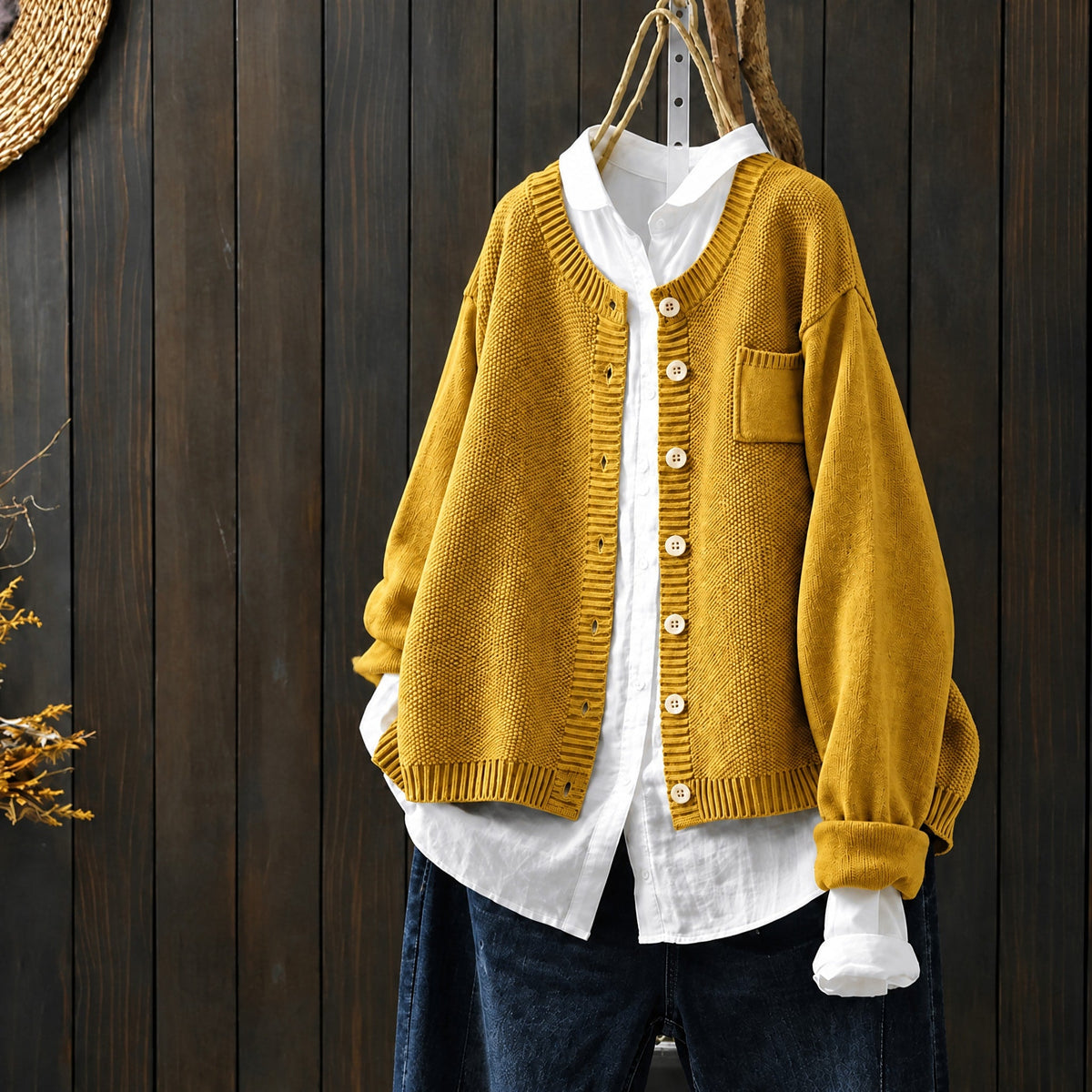 Morgan - Women's Oversized Round Neck Knit Cardigan - Cardigans - Yellow - Parker&Brooks