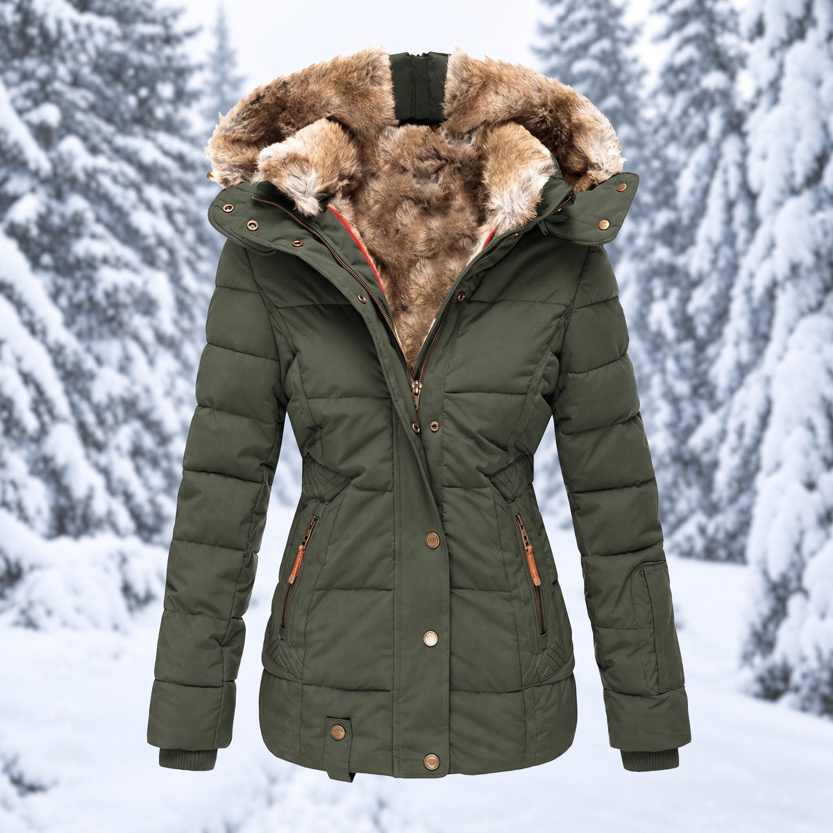 Nadia - Women's Faux Fur Hood Quilted Parka with Zip Pockets - Coats & Jackets - Green - Sarvento