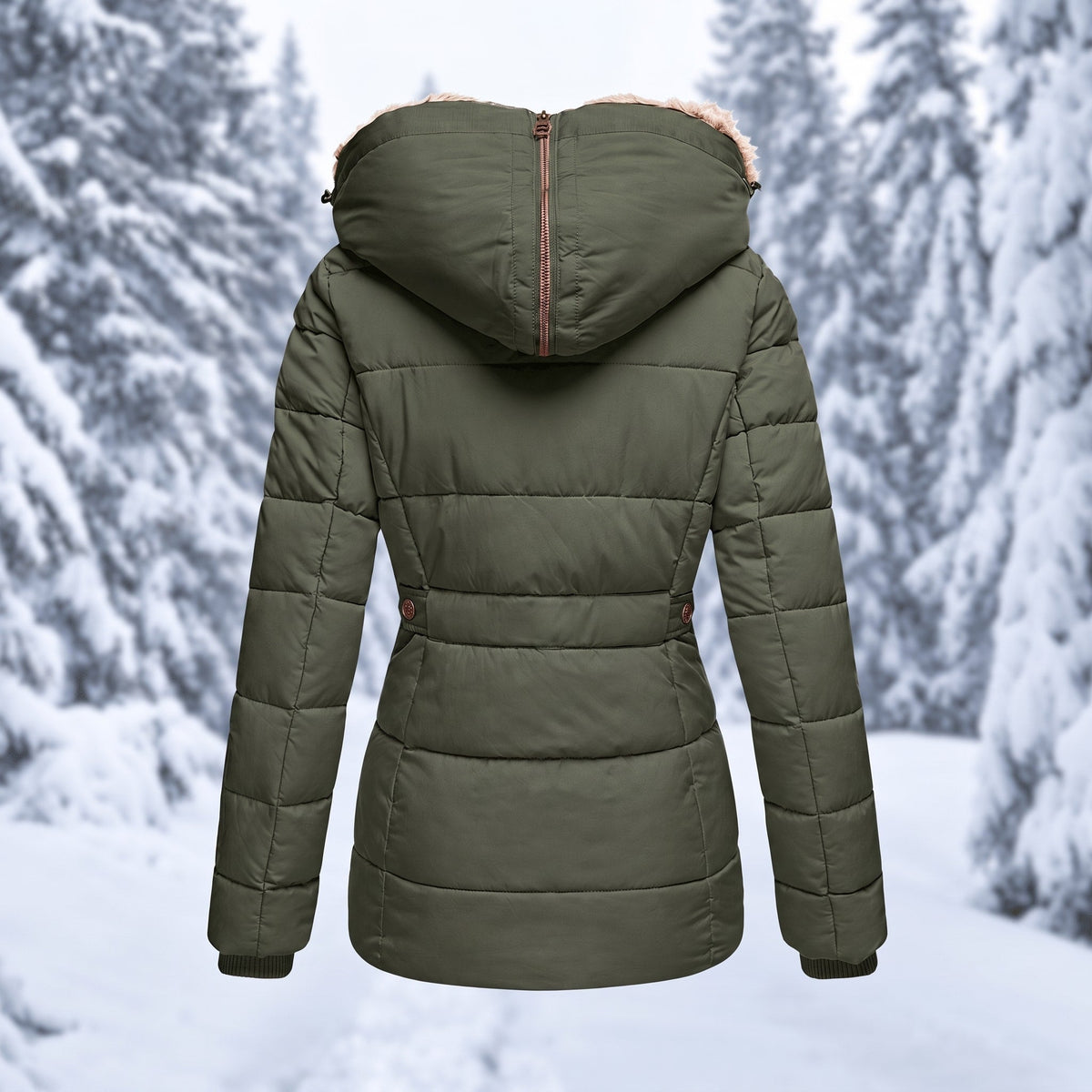Nadia - Women's Faux Fur Hood Quilted Parka with Zip Pockets - Coats & Jackets - Green - Sarvento