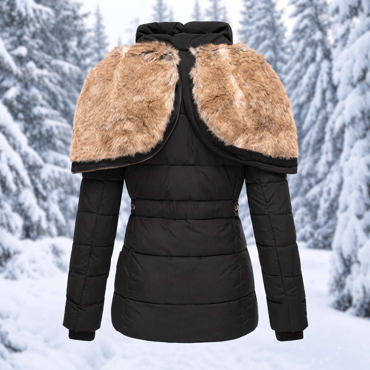 Nadia - Women's Faux Fur Hood Quilted Parka with Zip Pockets - Coats & Jackets - Black - Sarvento